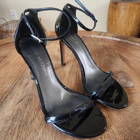 Stuart Weitzman $475 Nudistsong Strap Sandal 100mm Black Patent Leather Size 7 - Picture 1 of 11
